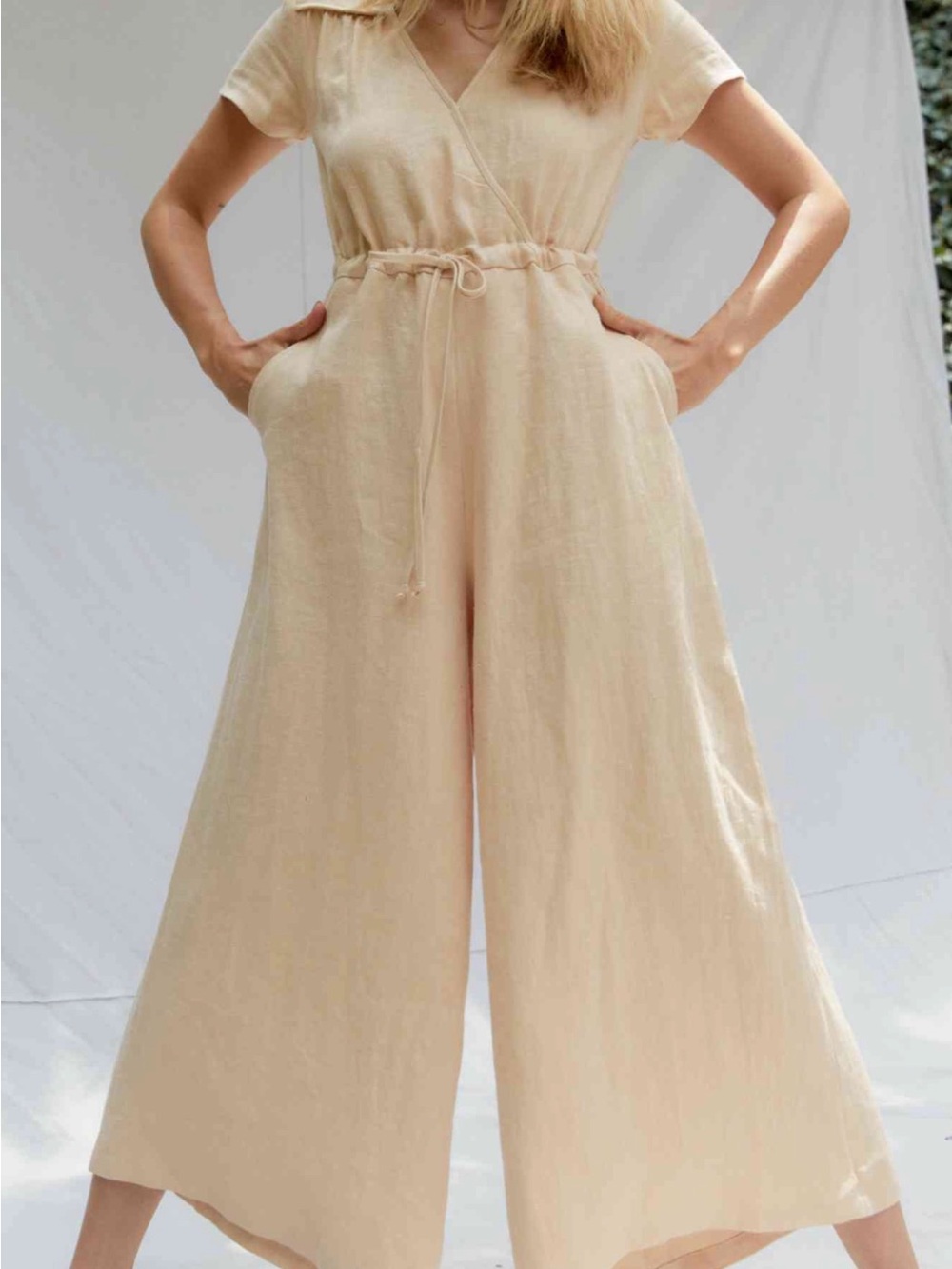 Christy Dawn Cream Wide-Leg Wrap Jumpsuit with Drawstring